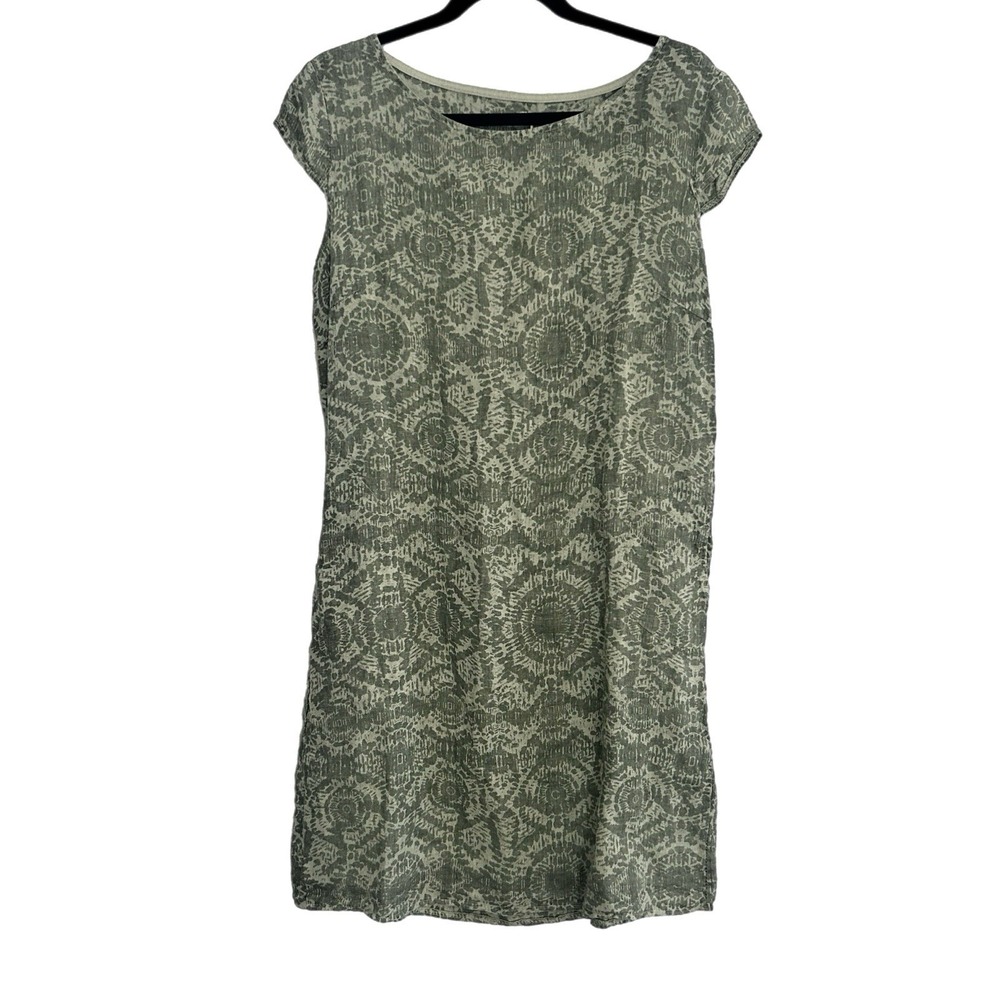 Lina Tomei Shift Dress Womens XL Tribal Green‎ Linen Side Panels Pockets Italy